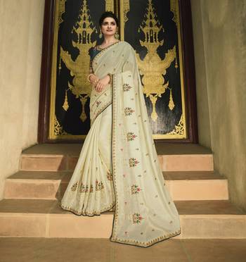 Cream Embroidered Silk Blend Saree 1