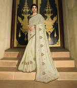 Cream Embroidered Silk Blend Saree