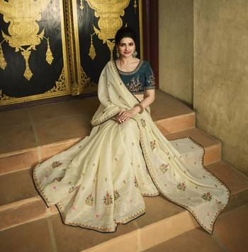 Cream Embroidered Silk Blend Saree 2