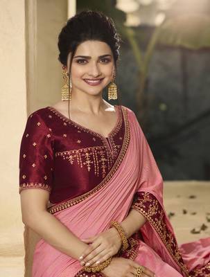 Baby Pink Embroidered Silk Blend Saree 3