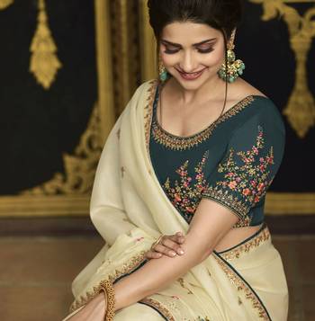 Cream Embroidered Silk Blend Saree 4