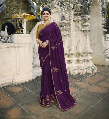 Dark Violet Embroidered Silk Blend Saree 1