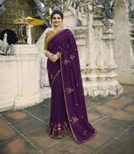 Dark Violet Embroidered Silk Blend Saree