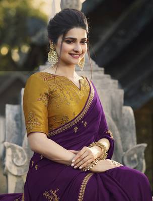 Dark Violet Embroidered Silk Blend Saree 3