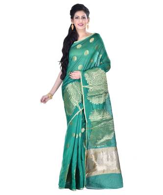 Green Women  Cotton Blend Zari Work Fancy Banarasi Saree 1