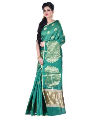 Green Women  Cotton Blend Zari Work Fancy Banarasi Saree 2