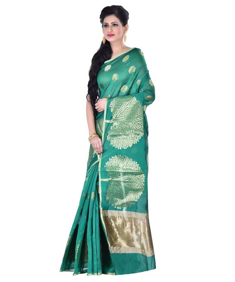 Green Women  Cotton Blend Zari Work Fancy Banarasi Saree