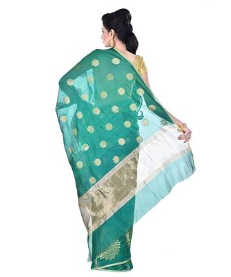Green Women  Cotton Blend Zari Work Fancy Banarasi Saree 3
