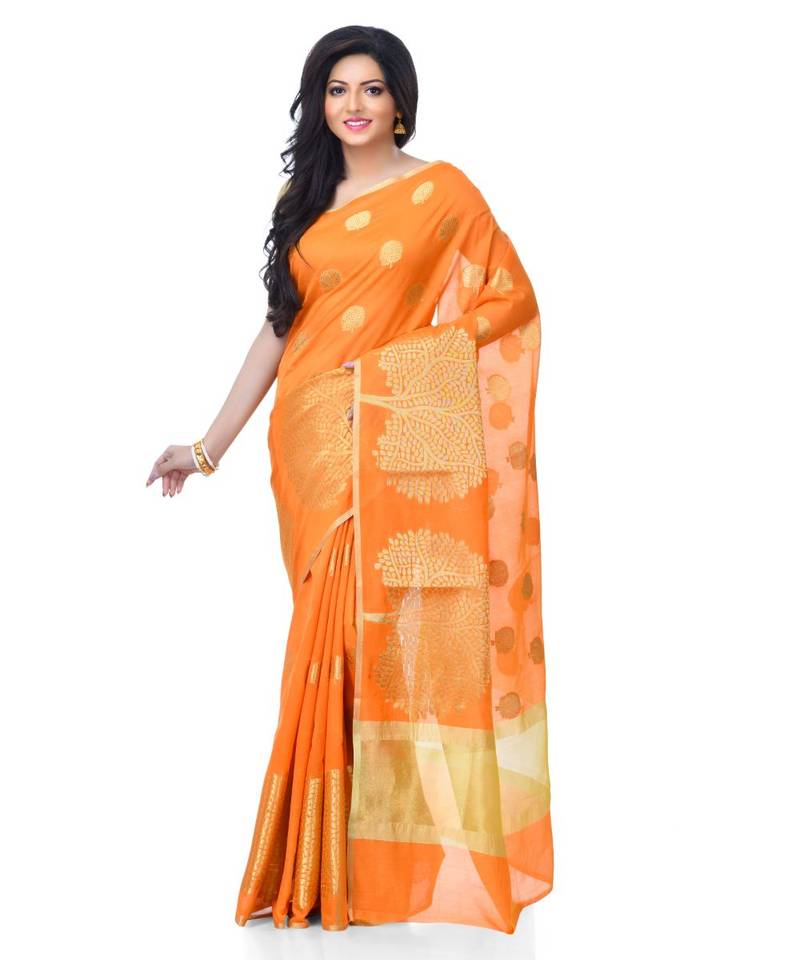 Orange Women  Cotton Blend Zari Work Fancy Banarasi Saree