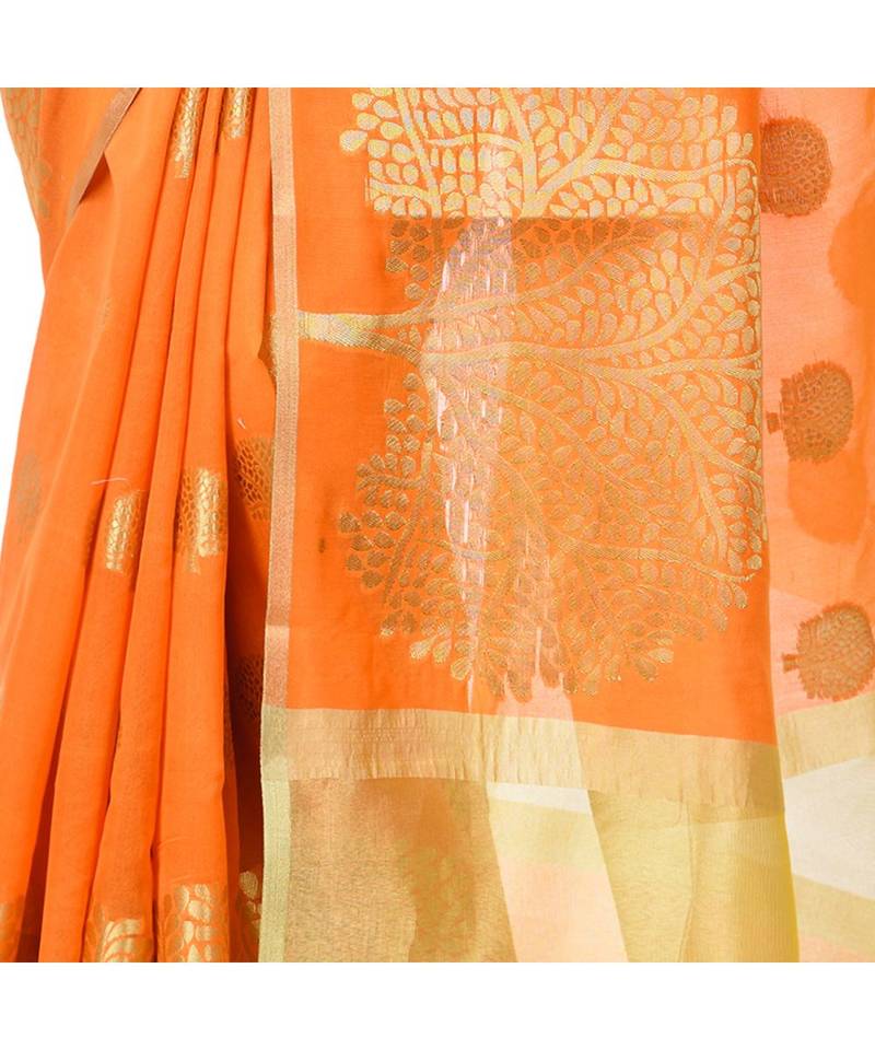 Orange Women  Cotton Blend Zari Work Fancy Banarasi Saree
