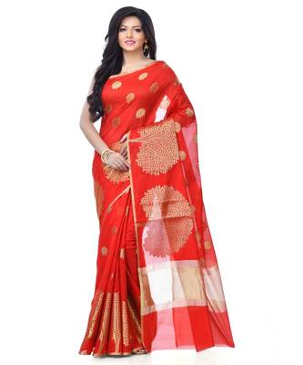 Red Women  Cotton Blend Zari Work Fancy Banarasi Saree 1