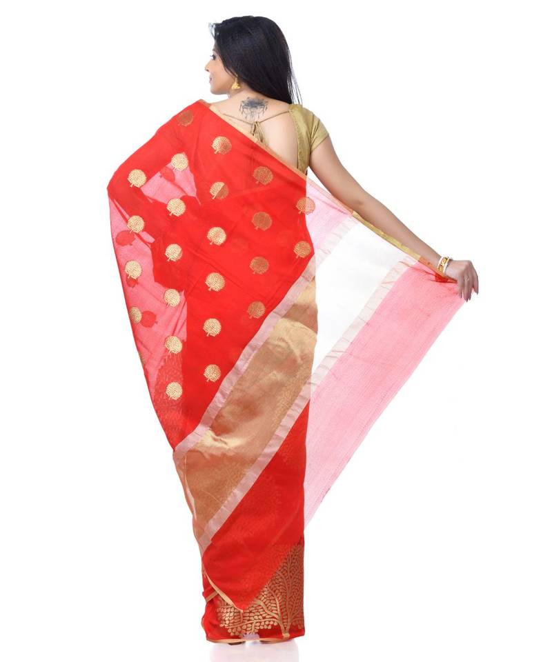 Red Women  Cotton Blend Zari Work Fancy Banarasi Saree