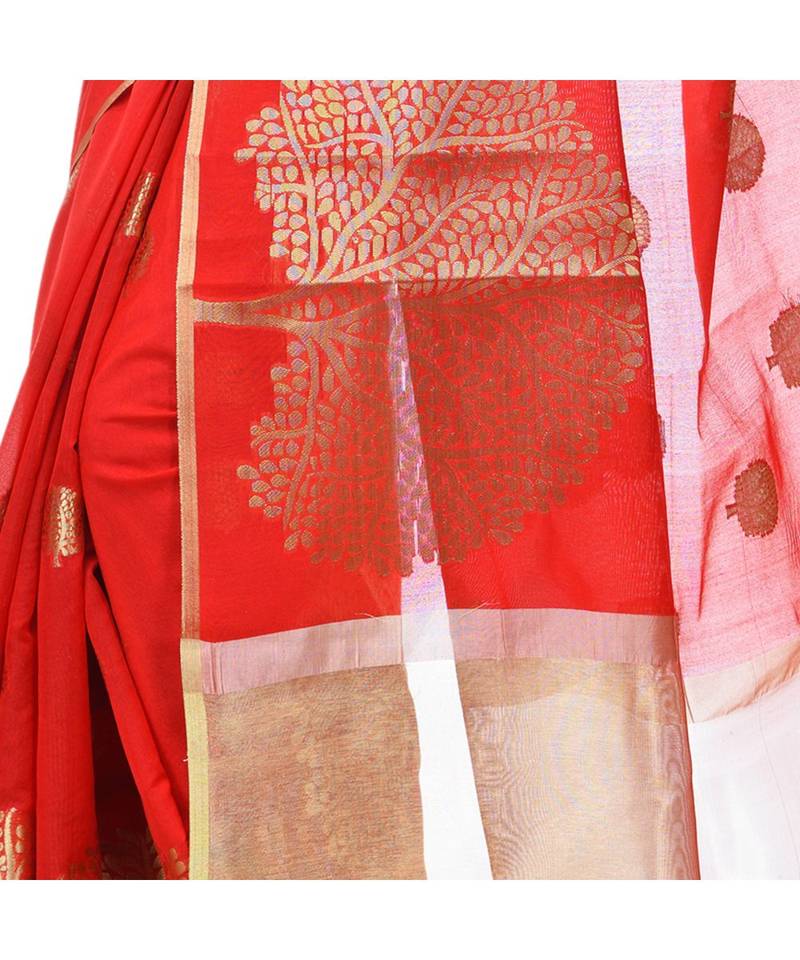 Red Women  Cotton Blend Zari Work Fancy Banarasi Saree