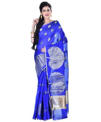 Royal Blue Women  Cotton Blend Zari Work Fancy Banarasi Saree 1