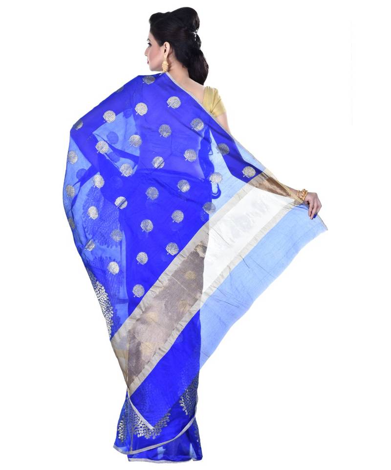 Royal Blue Women  Cotton Blend Zari Work Fancy Banarasi Saree