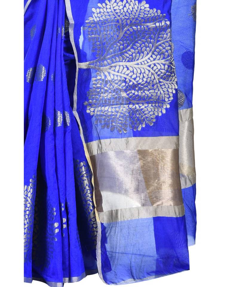 Royal Blue Women  Cotton Blend Zari Work Fancy Banarasi Saree