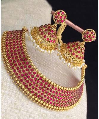 Red Stone Antique Kempu Choker Necklace Set 1