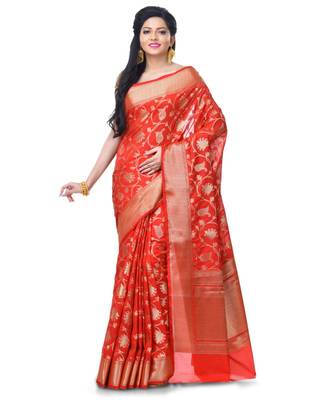 Red Women  Blend Silk Zari Work Fancy Banarasi Saree 1