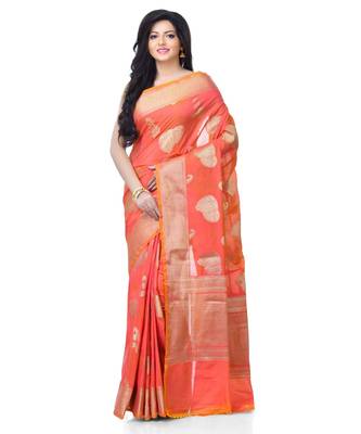 Women  Peach Blend Silk Zari Work Fancy Banarasi Saree 1