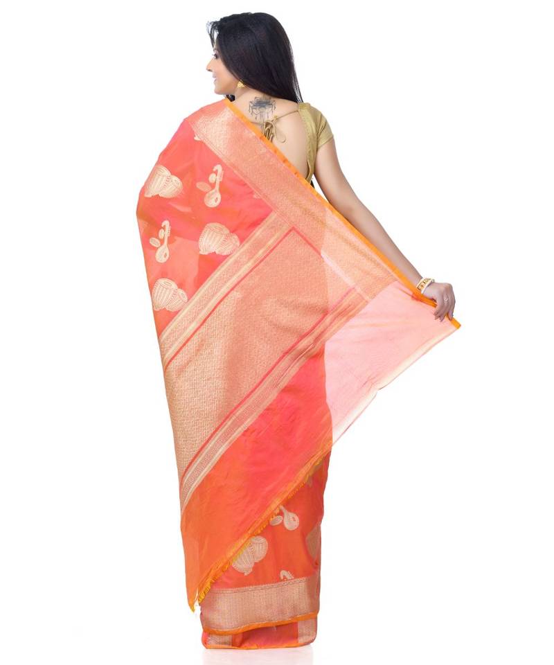 Women  Peach Blend Silk Zari Work Fancy Banarasi Saree