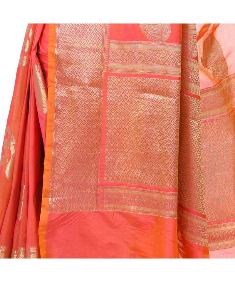 Women  Peach Blend Silk Zari Work Fancy Banarasi Saree