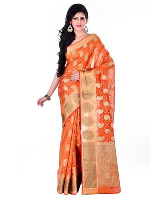 Orange Women  Cotton Blend Zari Work Fancy Banarasi Saree 1