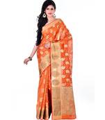 Orange Women  Cotton Blend Zari Work Fancy Banarasi Saree
