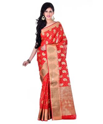Red Women  Cotton Blend Zari Work Fancy Banarasi Saree 1