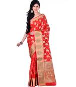 Red Women  Cotton Blend Zari Work Fancy Banarasi Saree