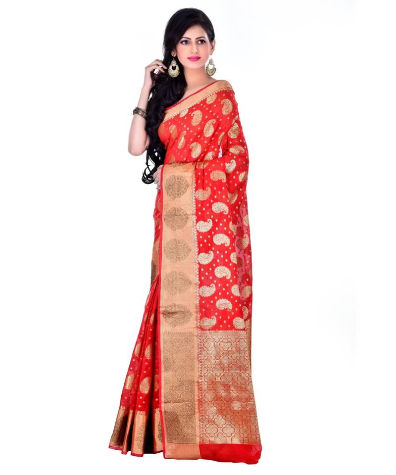 Red Women  Cotton Blend Zari Work Fancy Banarasi Saree
