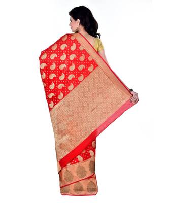 Red Women  Cotton Blend Zari Work Fancy Banarasi Saree 3