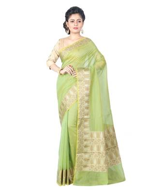 Green Woman Cotton Silk Blend Kota Check Banarasi Saree 1