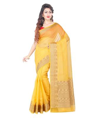 Gold Woman Cotton Silk Blend Kota Check Banarasi Saree 1