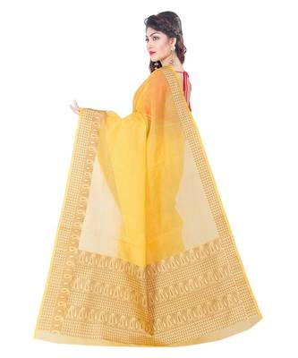 Gold Woman Cotton Silk Blend Kota Check Banarasi Saree 2