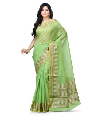 Green Woman Cotton Silk Blend Kota Check Banarasi Saree 1