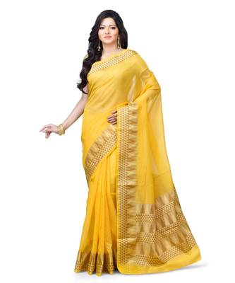 Gold Woman Cotton Silk Blend Kota Check Banarasi Saree 1