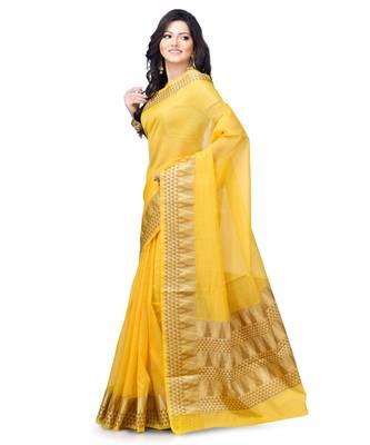 Gold Woman Cotton Silk Blend Kota Check Banarasi Saree 2