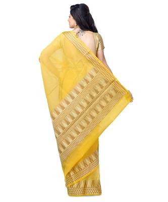 Gold Woman Cotton Silk Blend Kota Check Banarasi Saree 3
