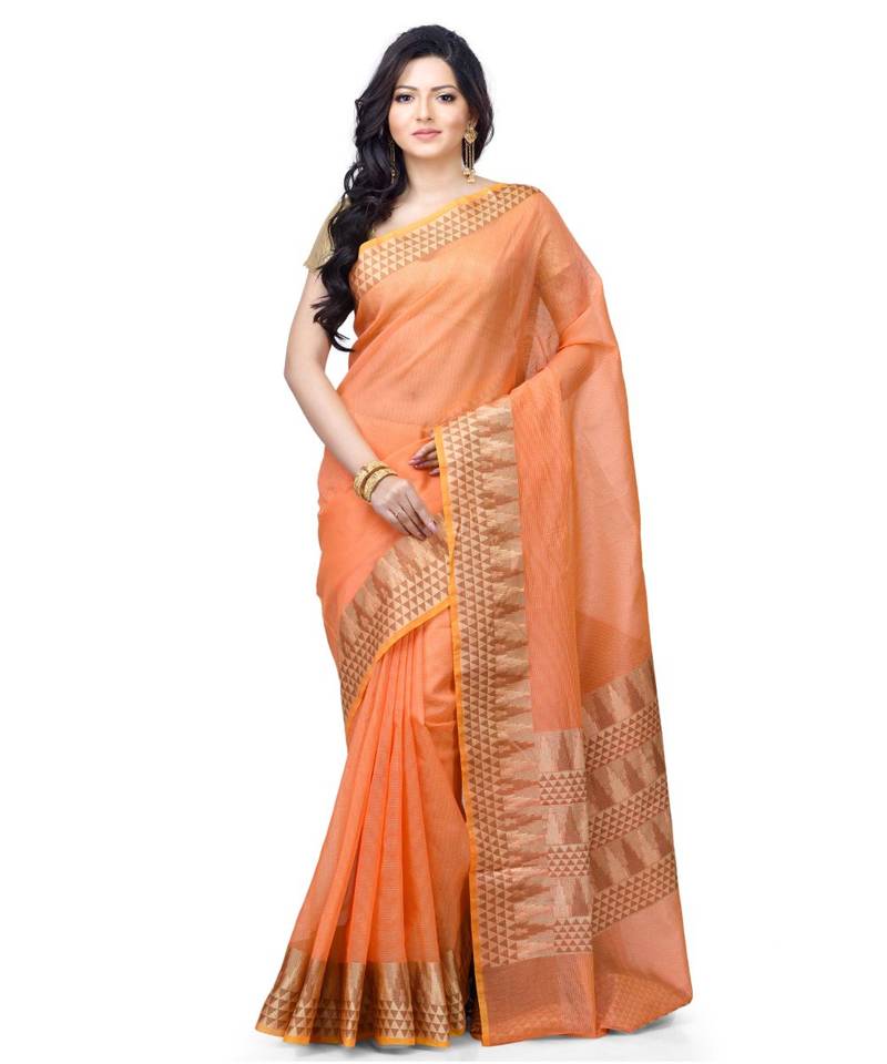 Peach Woman Cotton Silk Blend Kota Check Banarasi Saree