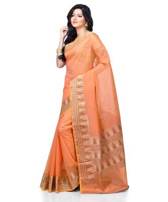 Peach Woman Cotton Silk Blend Kota Check Banarasi Saree 2