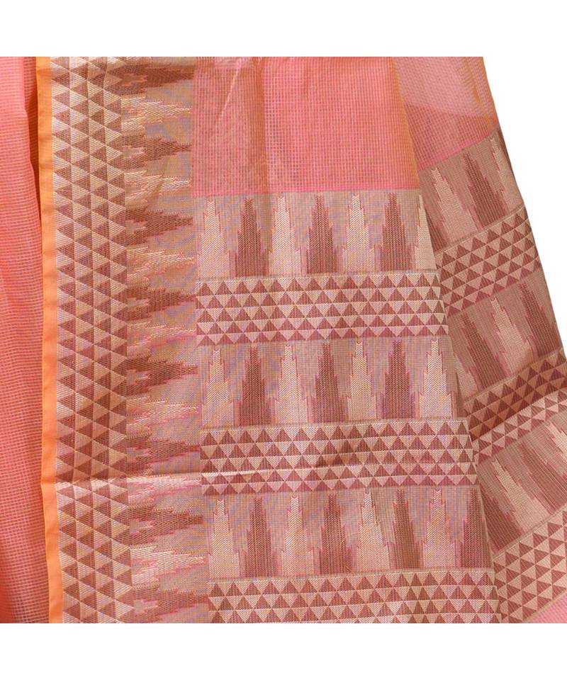 Pink Woman Cotton Silk Blend Kota Check Banarasi Saree