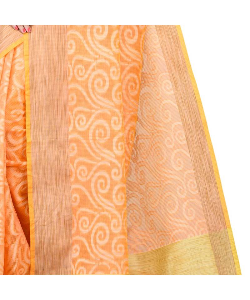 Peach Woman Cotton Silk Blend Kota Check Banarasi Saree