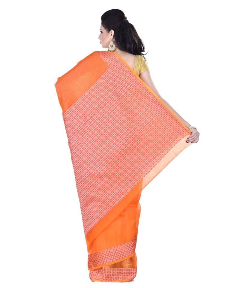 Orange Woman Cotton Silk Blend Kota Check Banarasi Saree