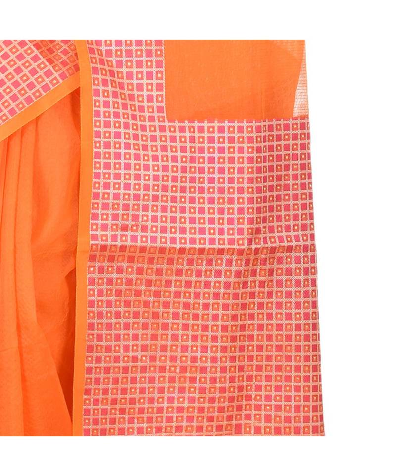 Orange Woman Cotton Silk Blend Kota Check Banarasi Saree