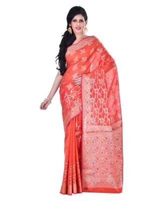 Orange Woman Cotton Silk Blend  Banarasi Saree 1