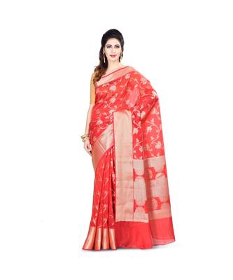 Red Woman Mercerize Cotton Silk Banarasi Saree 1