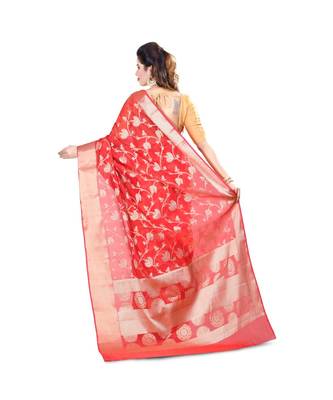 Red Woman Mercerize Cotton Silk Banarasi Saree 2