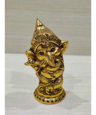 Golden Oxidized Antique Look Metallic Dancing Ganesha With Flute in Hands 1