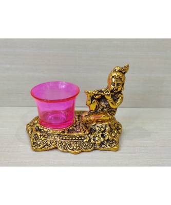 Golden Oxidized Antique Look Metallic Flute Krishna with Pink Tealight Holder 1