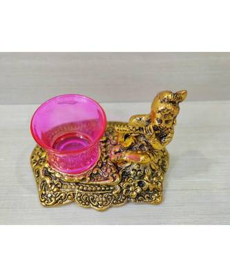 Golden Oxidized Antique Look Metallic Flute Krishna with Pink Tealight Holder 2